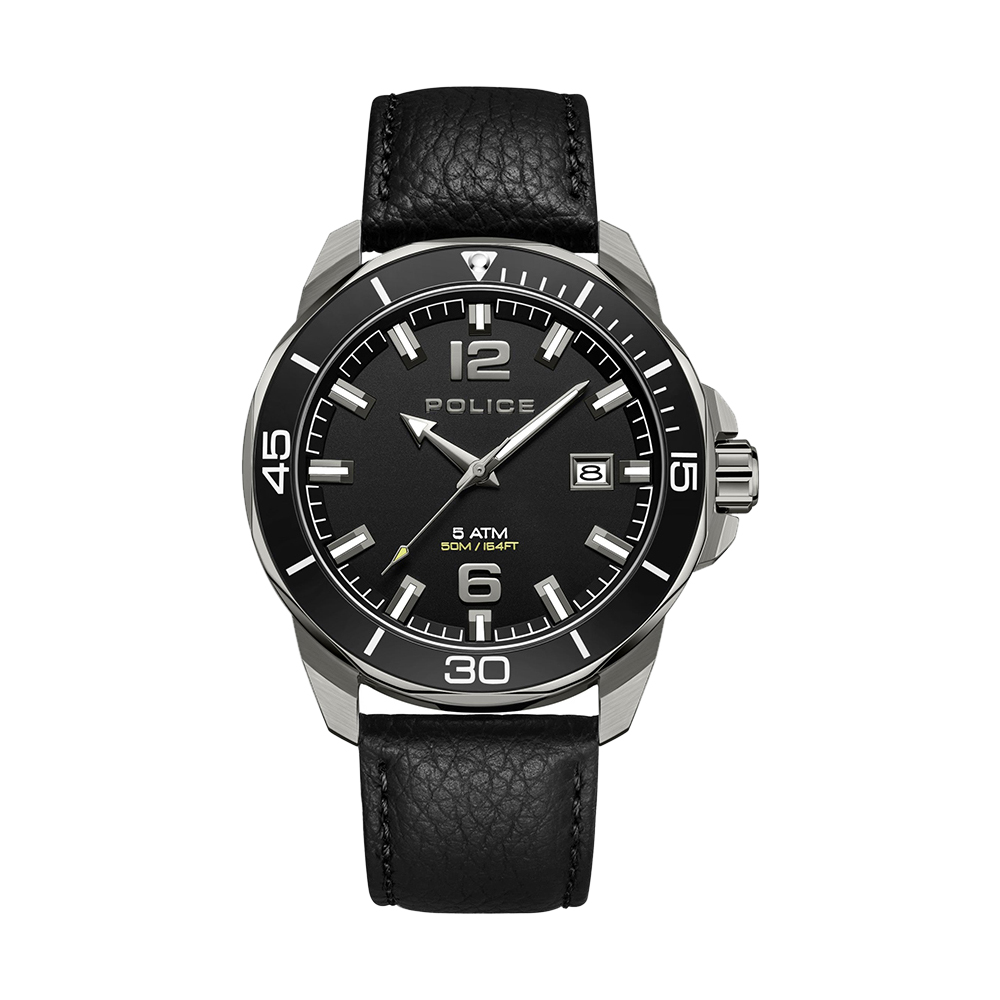 Police Satin Black Dial Black Leather Thornton Men's Watch